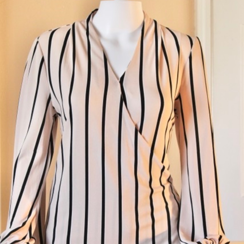 Adrianna Papell blush color blouse with black & white stripes. Size S
